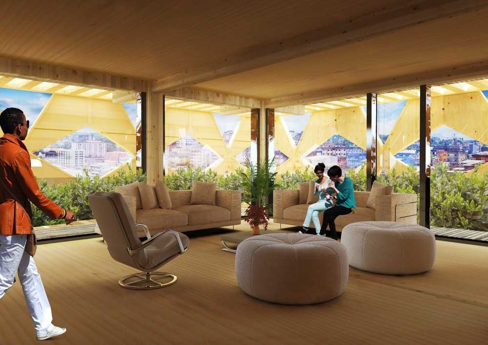 Render di una torre in legno con terrazze verdi