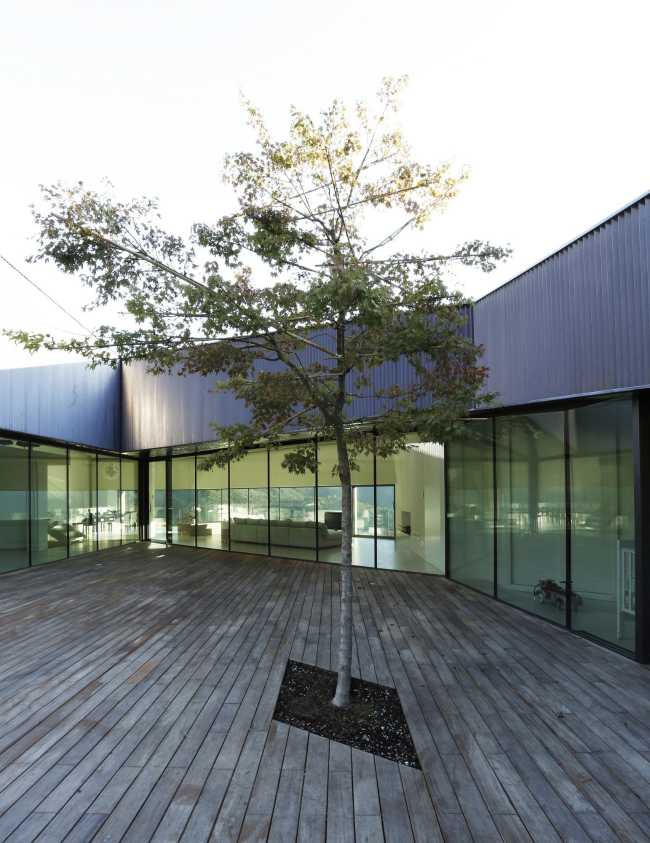 Court of a wooden villa with tree