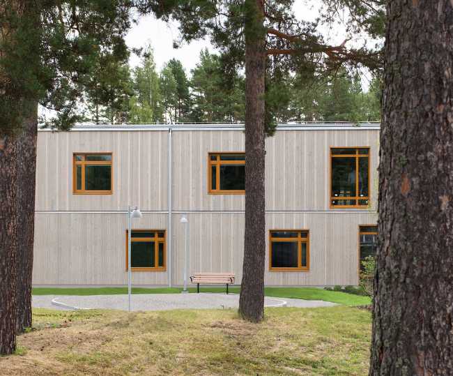 Facciata in legno nascosta tra gli alberi