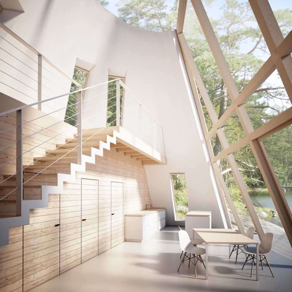 Wooden house with walkway near the lake