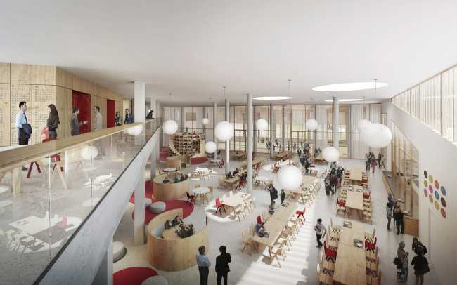 Atrium of a double-height wooden school