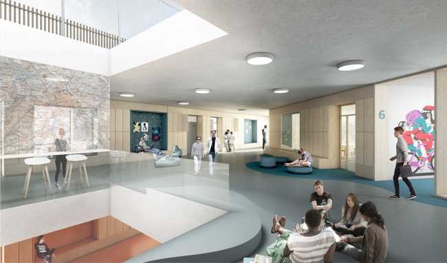 Wooden classroom with colored walls