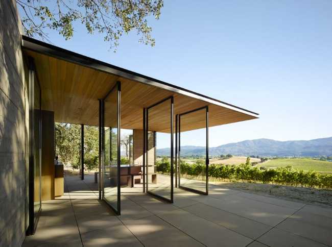 Wooden pavilion and view of the vineyards