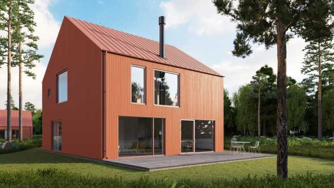 Villas con revestimiento de madera pintada de rojo