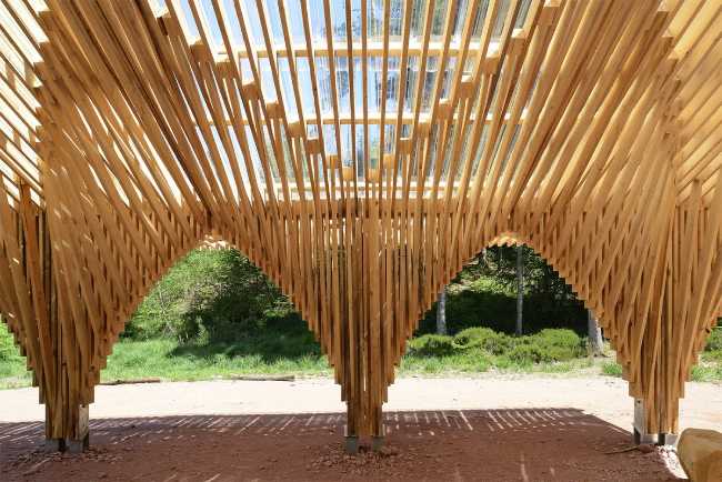 Wooden meeting point in the forest