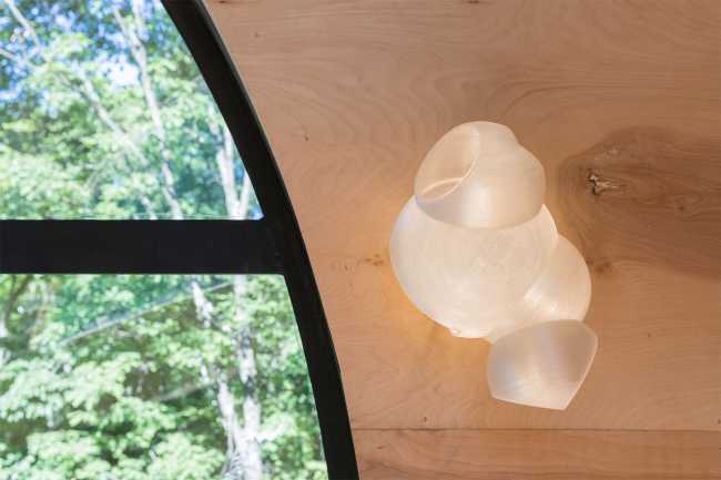 Wooden interior and black window frames