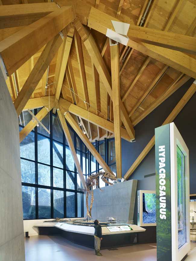 Museum structure in wood and stained glass window