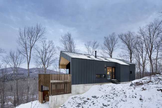 Villa in legno in una foresta innevata