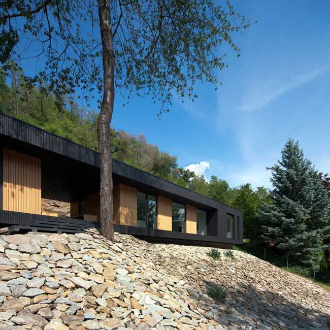 Villa de madera en una ladera rocosa