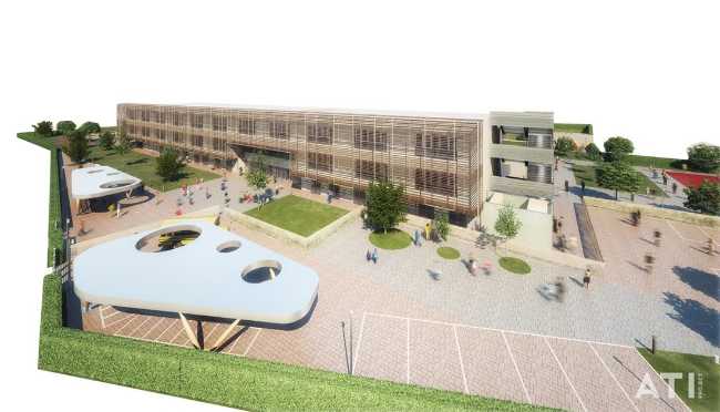 Facciata scuola legno e vetro