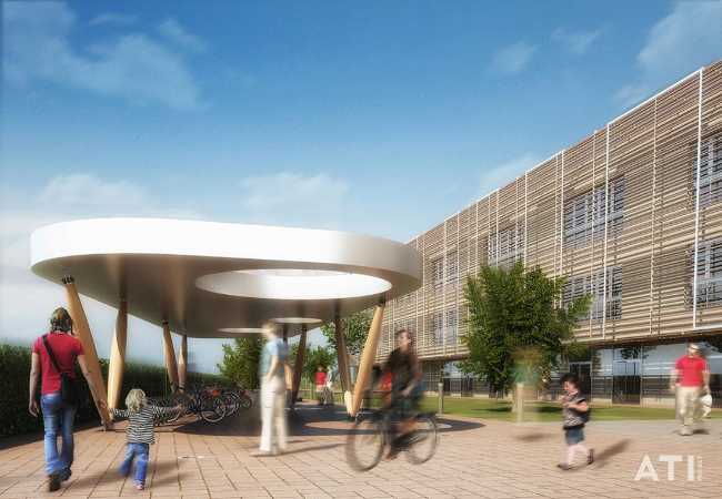 Facciata scuola legno e vetro