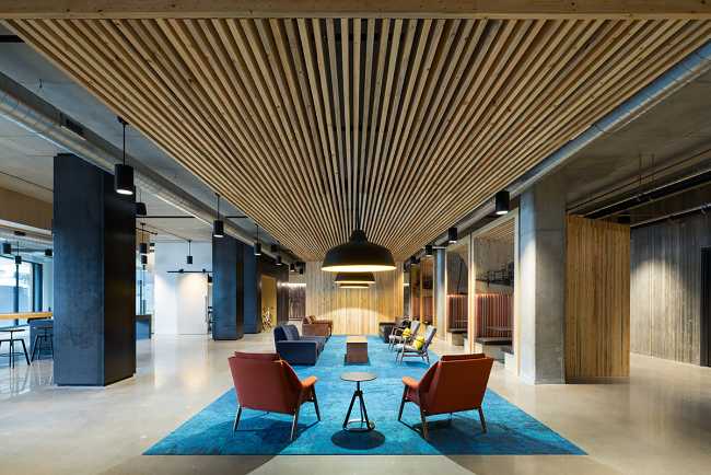 Wooden interiors for offices with modern lighting