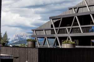 Facade of a hotel in South Tyrol in laminated wood