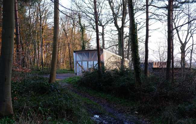 Laboratory among the trees with wooden structure and transparent walls fiberglass corrugated steel