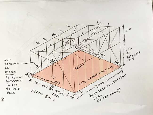 Workshop between the trees with wooden structure and transparent walls concept