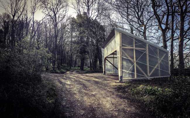 Laboratory among the trees with wooden structure and walls in corrugated steel