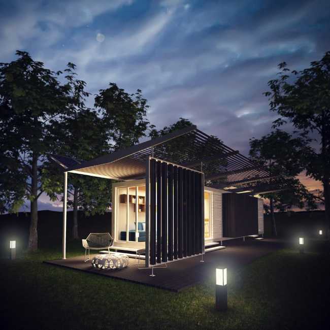 Unità abitative modulari in legno illuminazione di notte