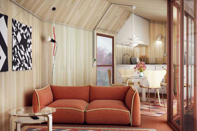 Interno unità abitative modulari in legno  con divano render