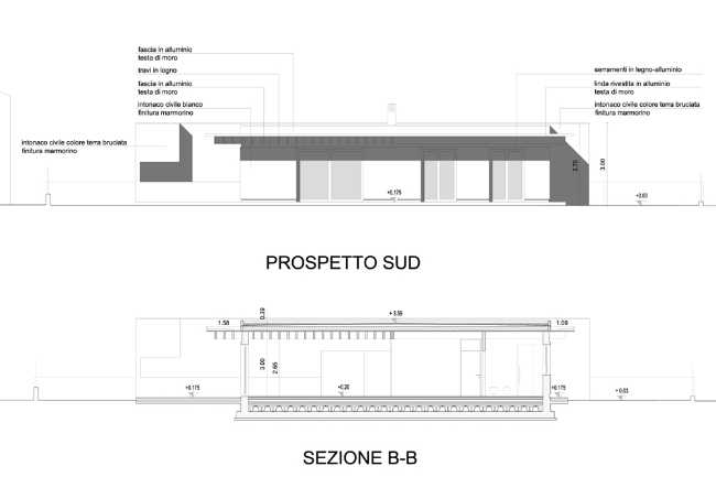 Prospetto sud e sezione dell'abitazione in legno