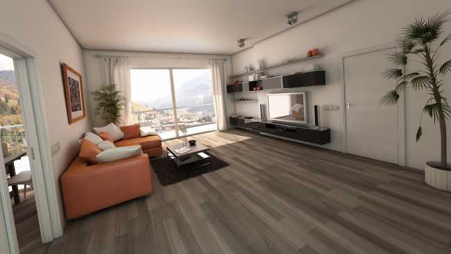 Soggiorno con vetrata in un condominio in legno