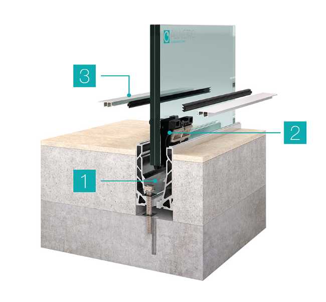 Dettaglio del parapetto vetrato annegato nel pavimento