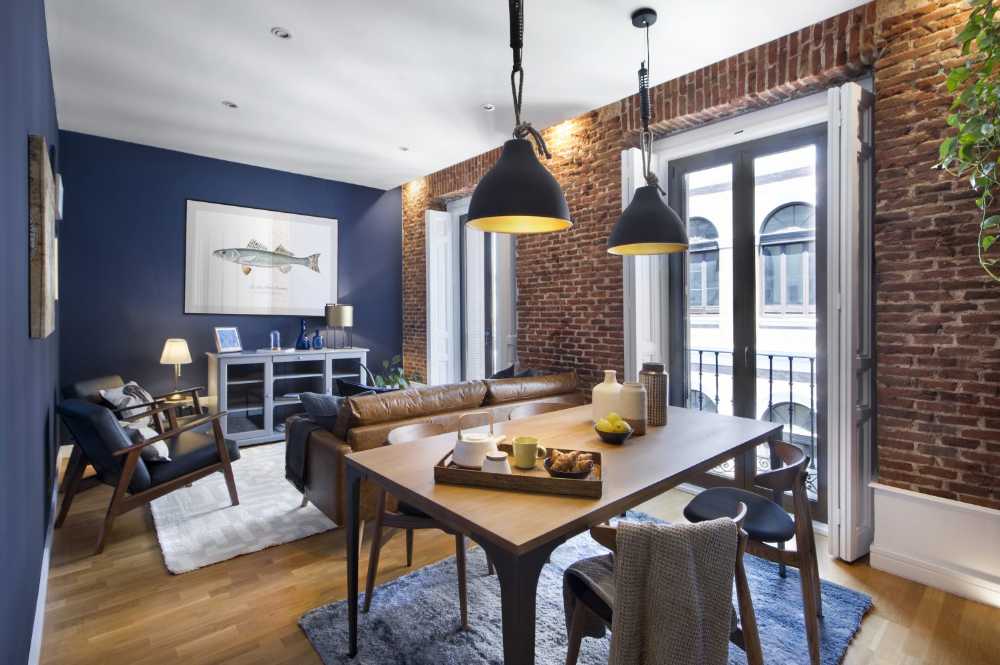 Interior apartment bricks and blue wall