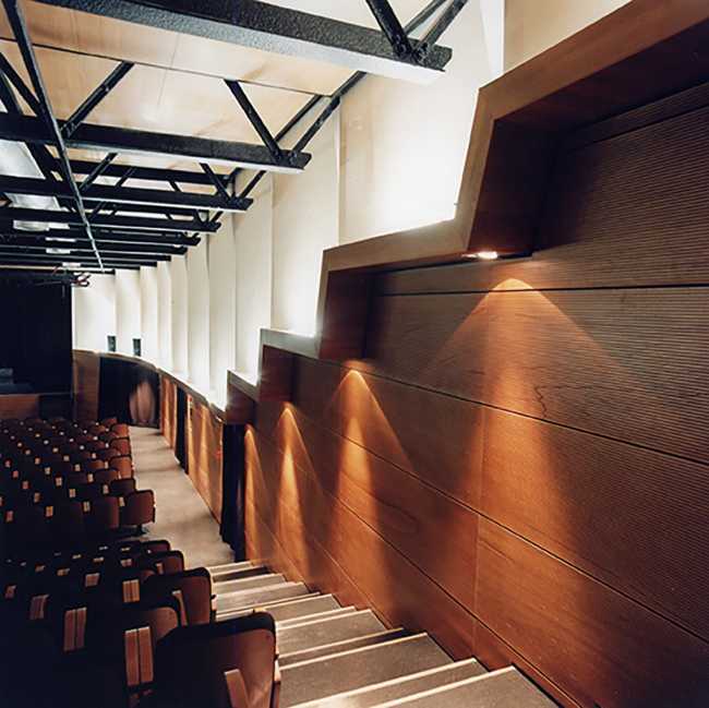 auditorium side stairs and wooden panels