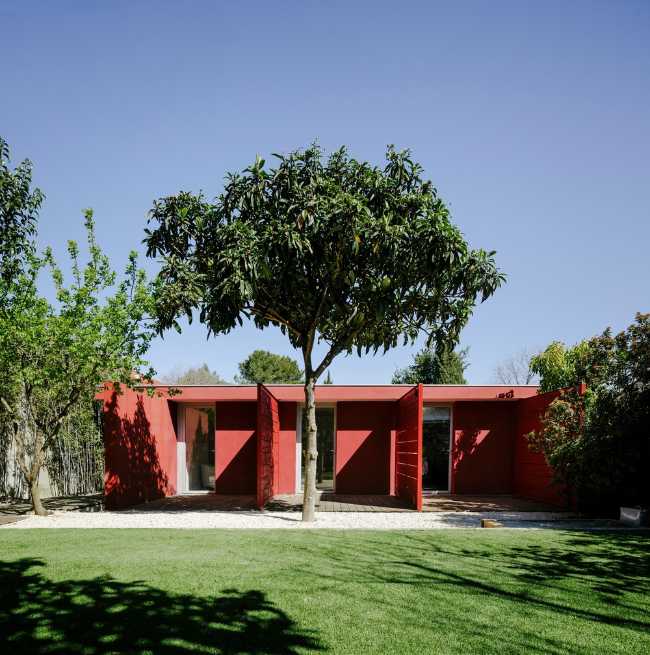 Red single family home
