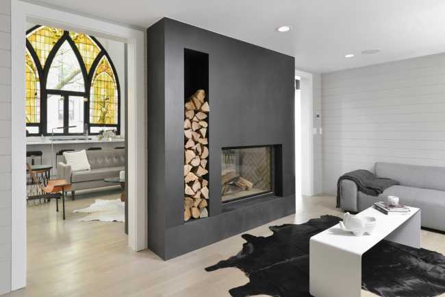 Living room and stained glass windows