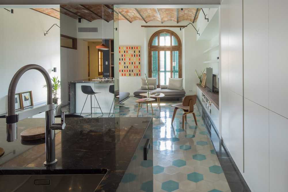 Interior with brick ceiling