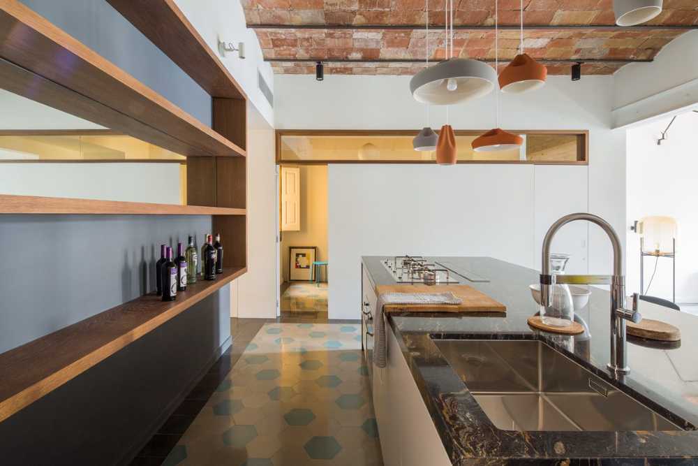 Interior with brick ceiling