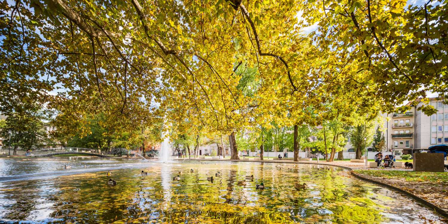 Rénovation de la place Dante à Trento. Les jeux d'eau améliorent le jardin urbain