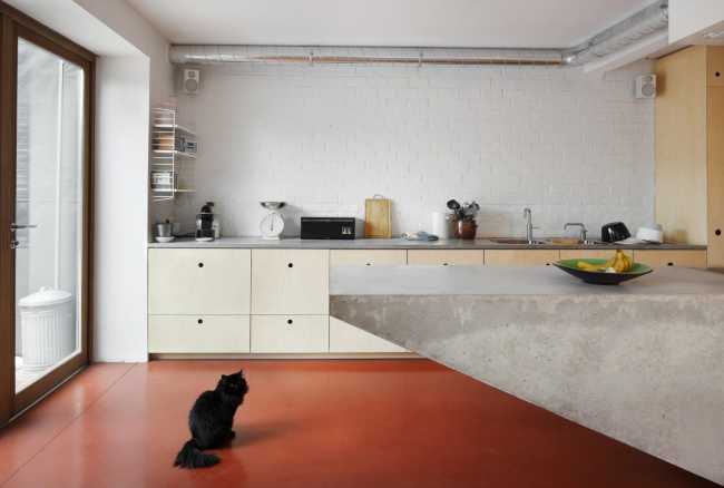 Interior kitchen with red floor