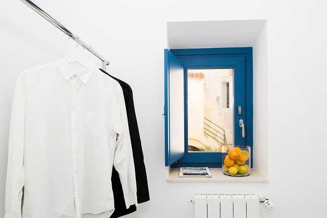 White interior and window with blue window