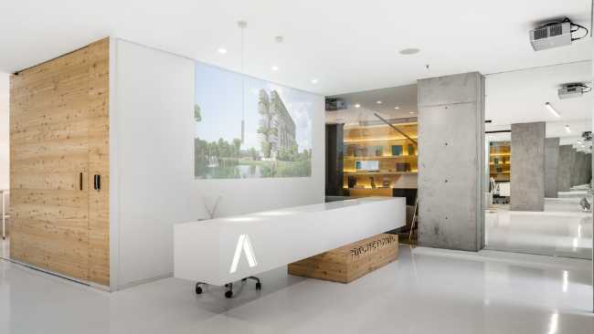 Interior architecture studio in white cement and wood