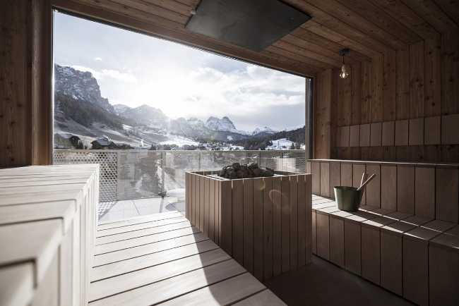 sauna with window and landscape view