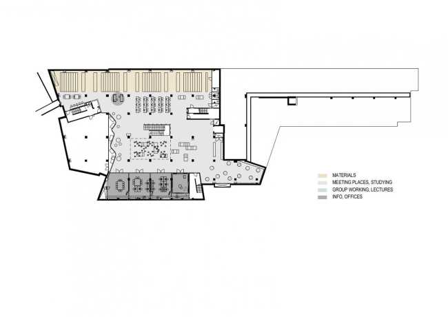 Bibliothèque réaménagée en Finlande. Nouveaux espaces pour les médias, la détente et le coworking