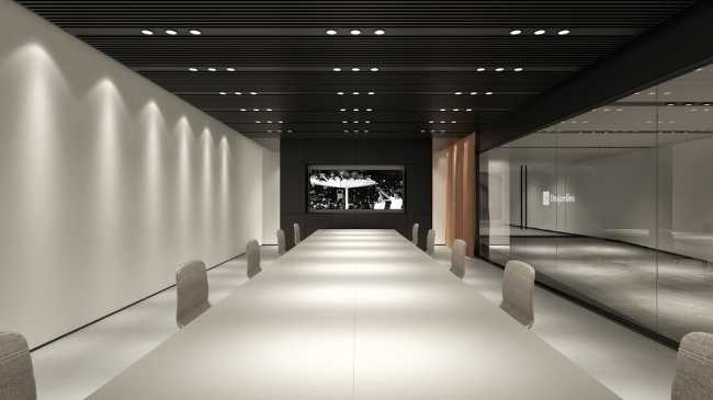 Meeting room with black ceiling and light walls