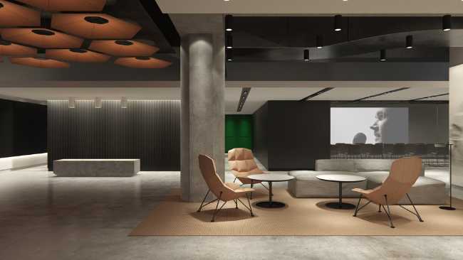 Open space with armchairs and tables