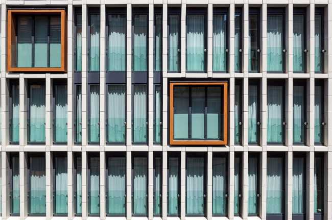 Detail of wooden frames on the facade