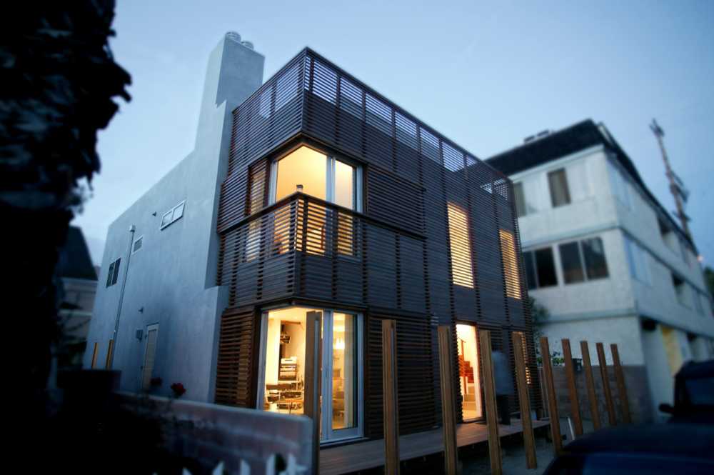 Facade of a house with wooden slats