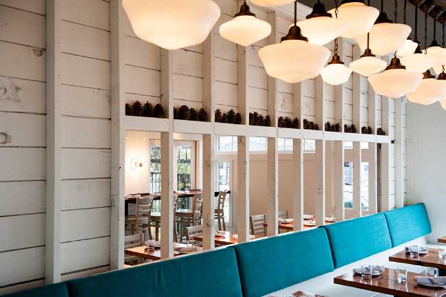 Interior restaurant in white wood and colored sofas