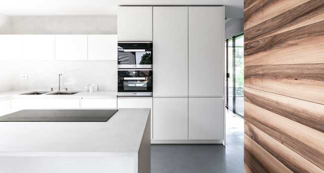 white kitchen and wooden wall