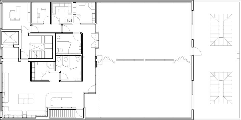 dance school with white interiors and grey and yellow sofas
