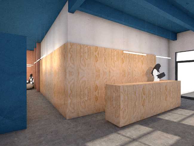 Arredi in legno e pavimentazione cementizia