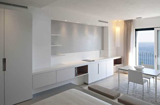 Living room and white minimal kitchen
