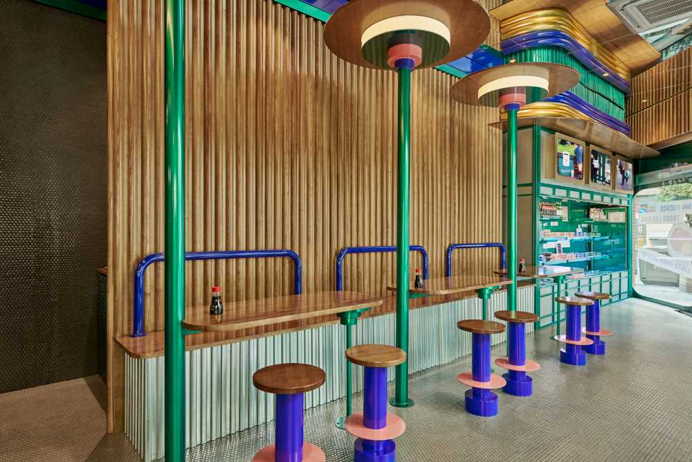 revestimiento de madera taburetes de color verde mostrador