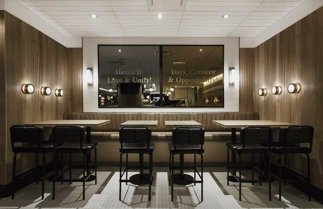 concept store restaurant furniture and wall cladding in wood