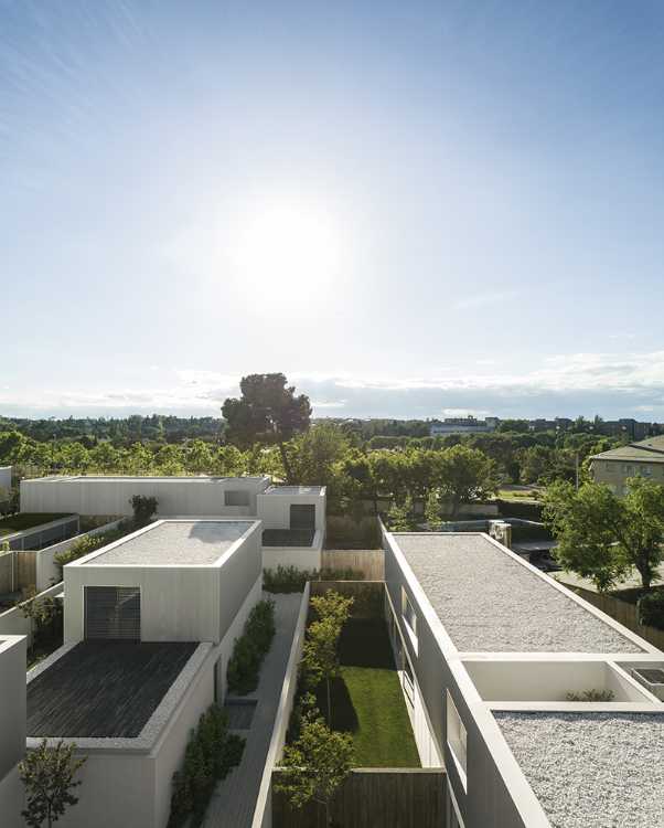 aerial view flat roofs residential area