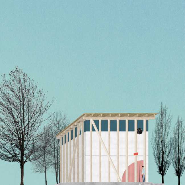 Three-dimensional collage wooden pavilion